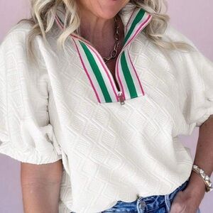 White Short Sleeve Top with Striped Collar